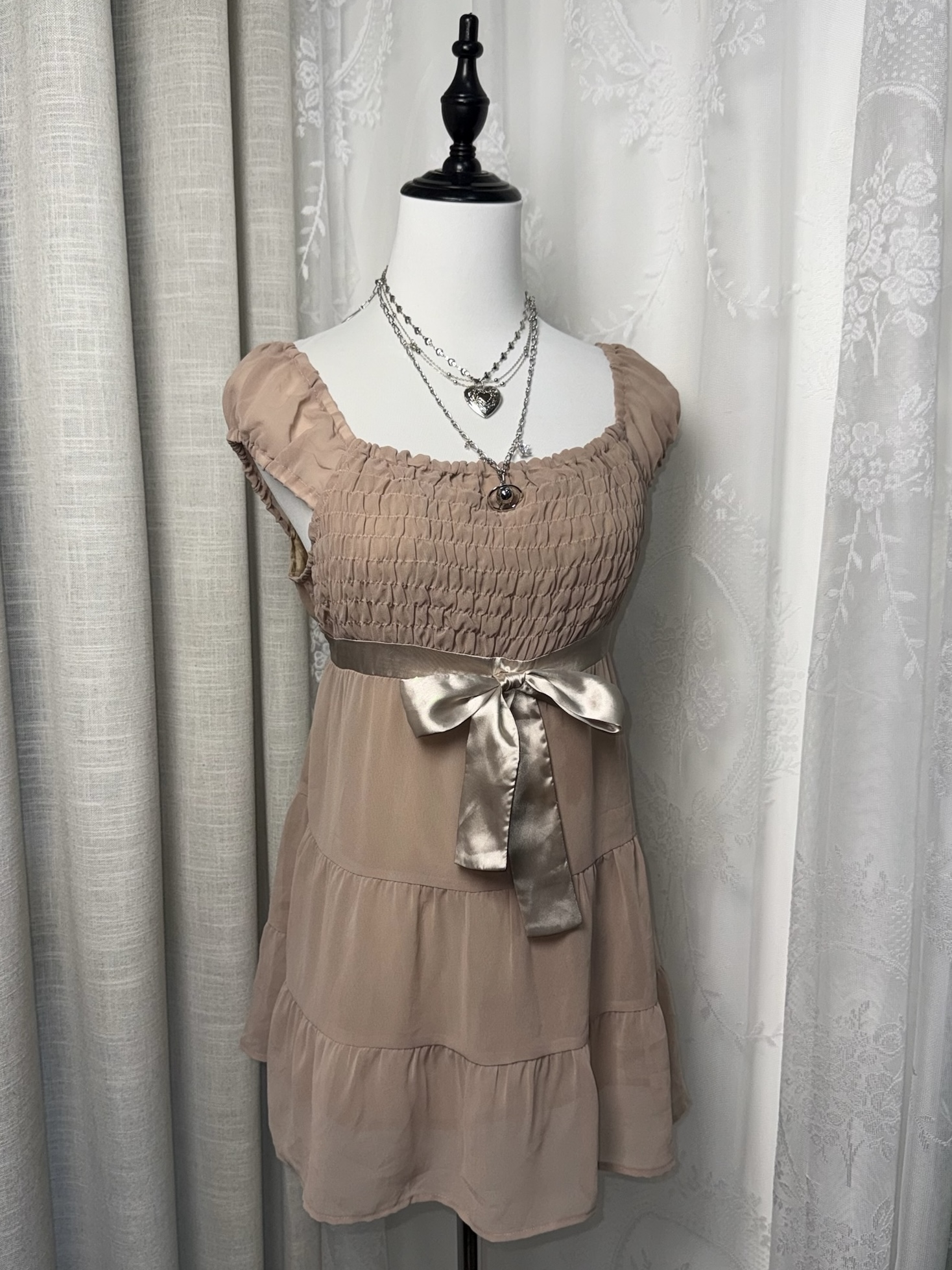 Taupe Smocked Milkmaid Tiered Dress