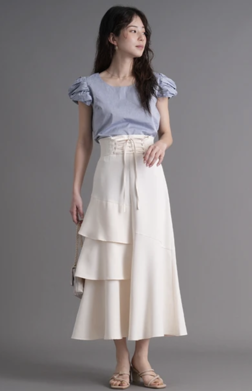 <JP> 超限量！Lace Up Asymmetry Tiered Skirt * 5色入  <預購>