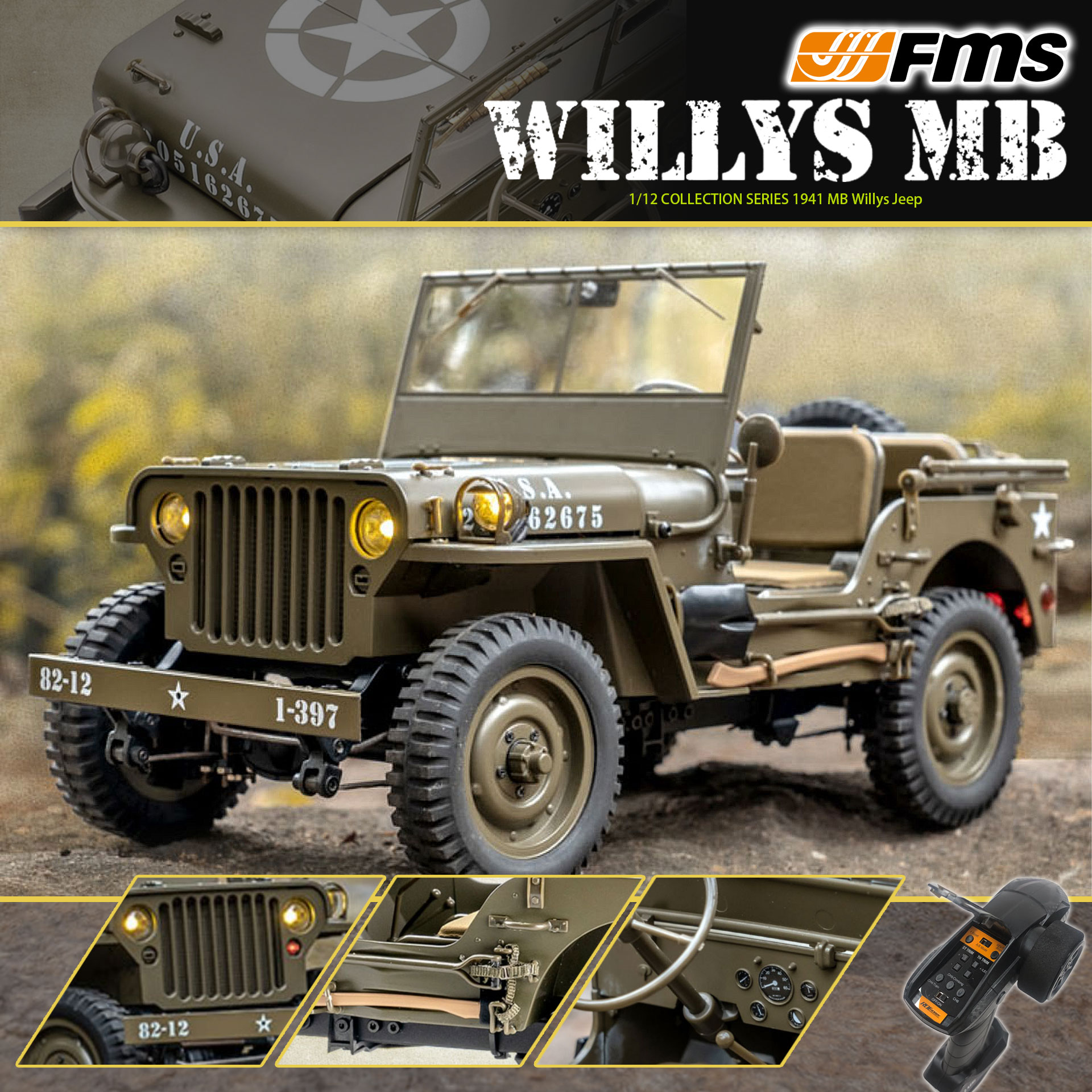 全新 🌟 FMS 🌟 1:12 WILLYS MB 威利斯 軍車 | 2.4Ghz 遙控 | 4輪驅動 | 聯動燈 | 車頭大燈及尾燈 | 迷你慢爬車 | 遙控車 | 像真迷你遙控車