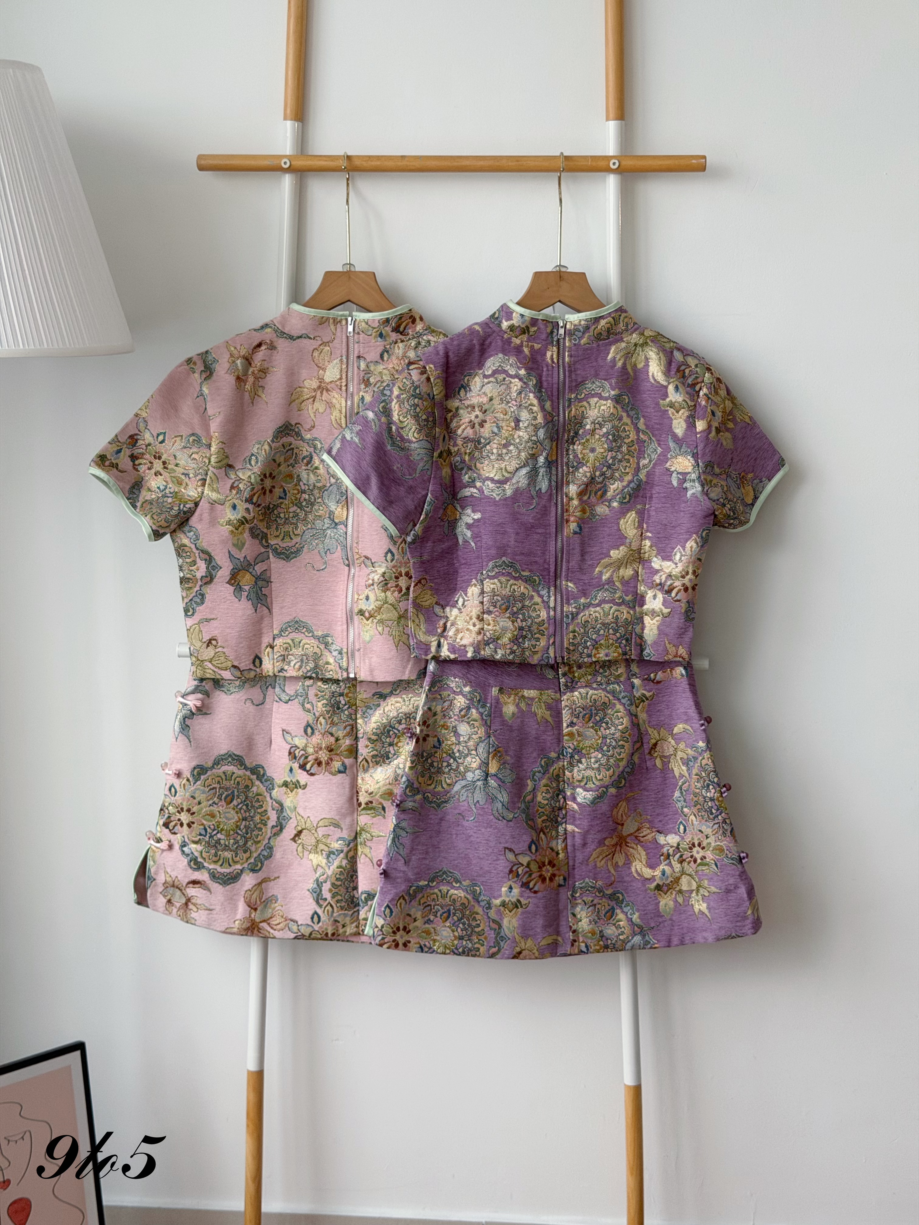 D2380 Floral Jacquard Cheongsam Set - Pink & Purple