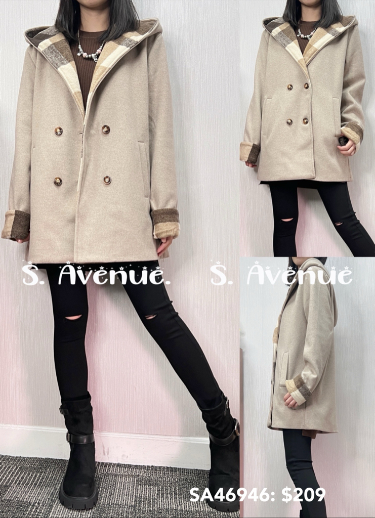 SA46946: 長袖有帽格仔邊雙鈕絨褸