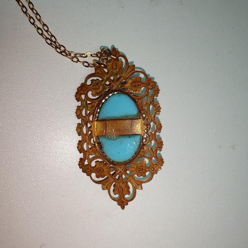 Vintage Recomposed Double Portrait Blue Glass Cameo Pendant Necklace(B121)