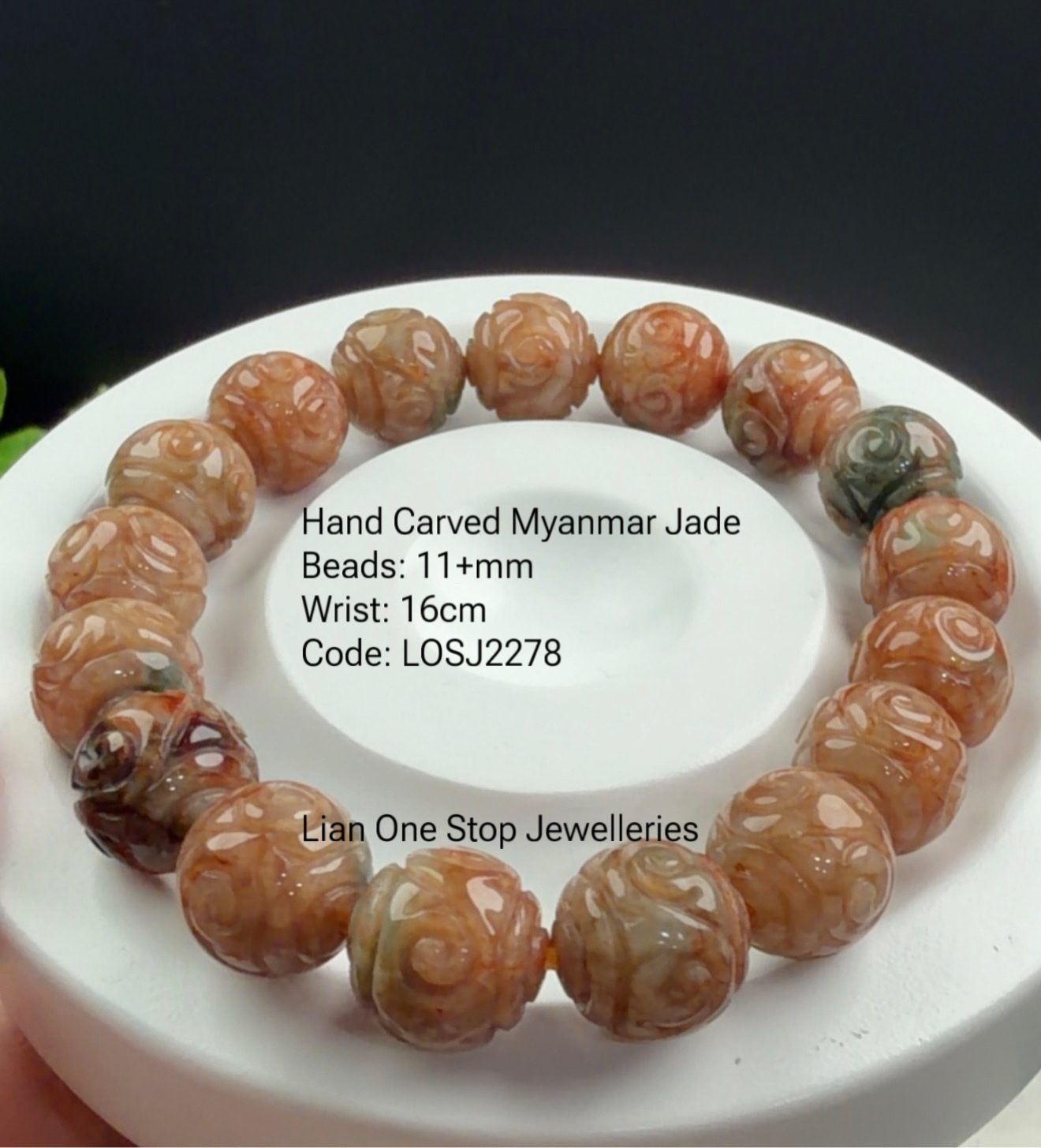 Code: LOSJ2278 Hand Carved Myanmar Jade 11+mm