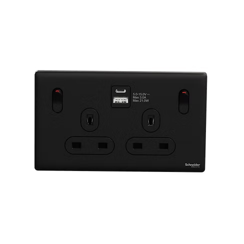 施耐德 Unica X 曜石黑 13A孖蘇有掣連Type A+C USB 插座