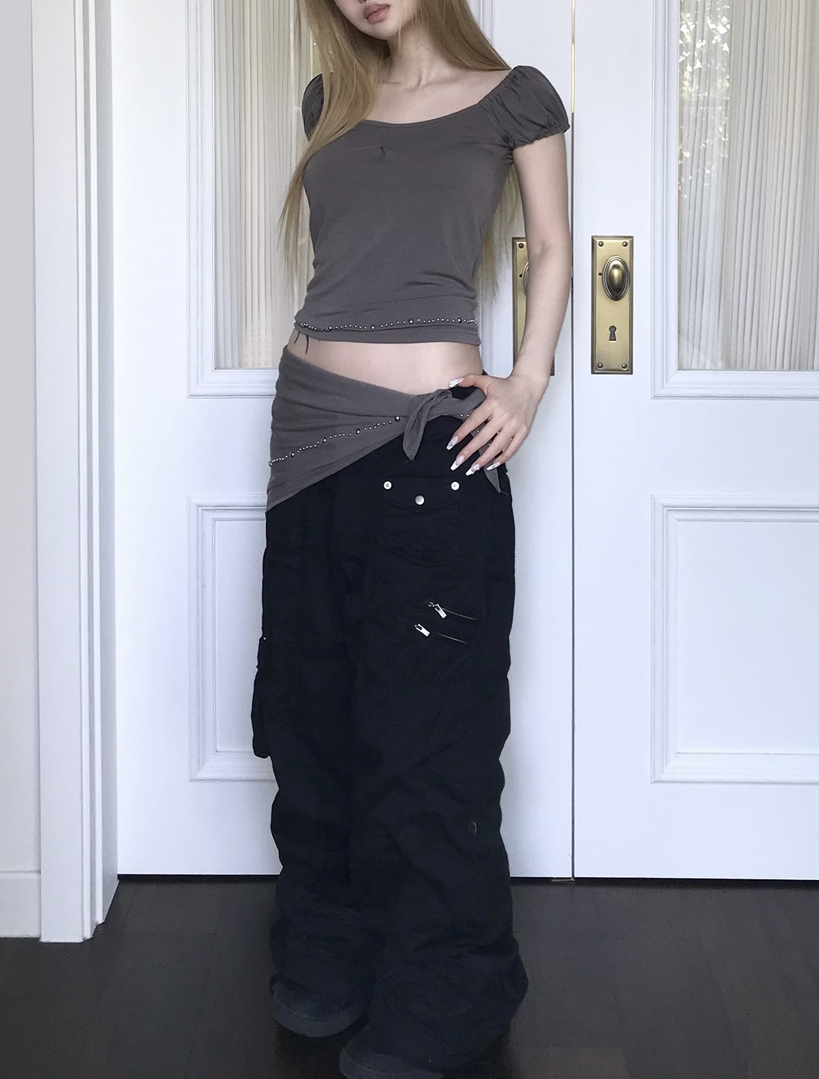 Studded Ruched Cap Sleeve Top