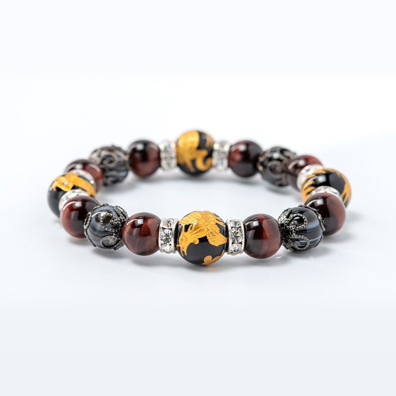 【白崎八幡宮】四神獣 レッドタイガーアイエッグドラゴン パワーストーンブレスレット 桐箱付き　神社で祈願・祓い清め済み (17cm)