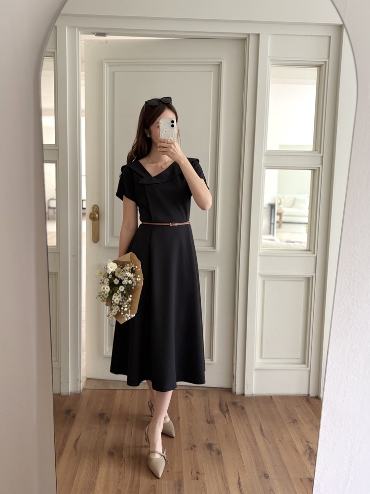 Sailor Collar Belted Dress (Black)