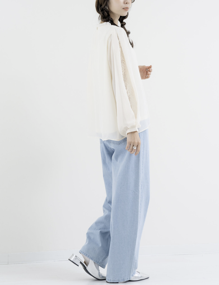 袖花紋蕾絲開衩襯衫 - 2026 流行穿搭  蕾絲襯衫 春夏時尚穿搭 柔軟舒適 成人休閒 日常穿搭 易於配搭 日本直送   #JP-I-260013