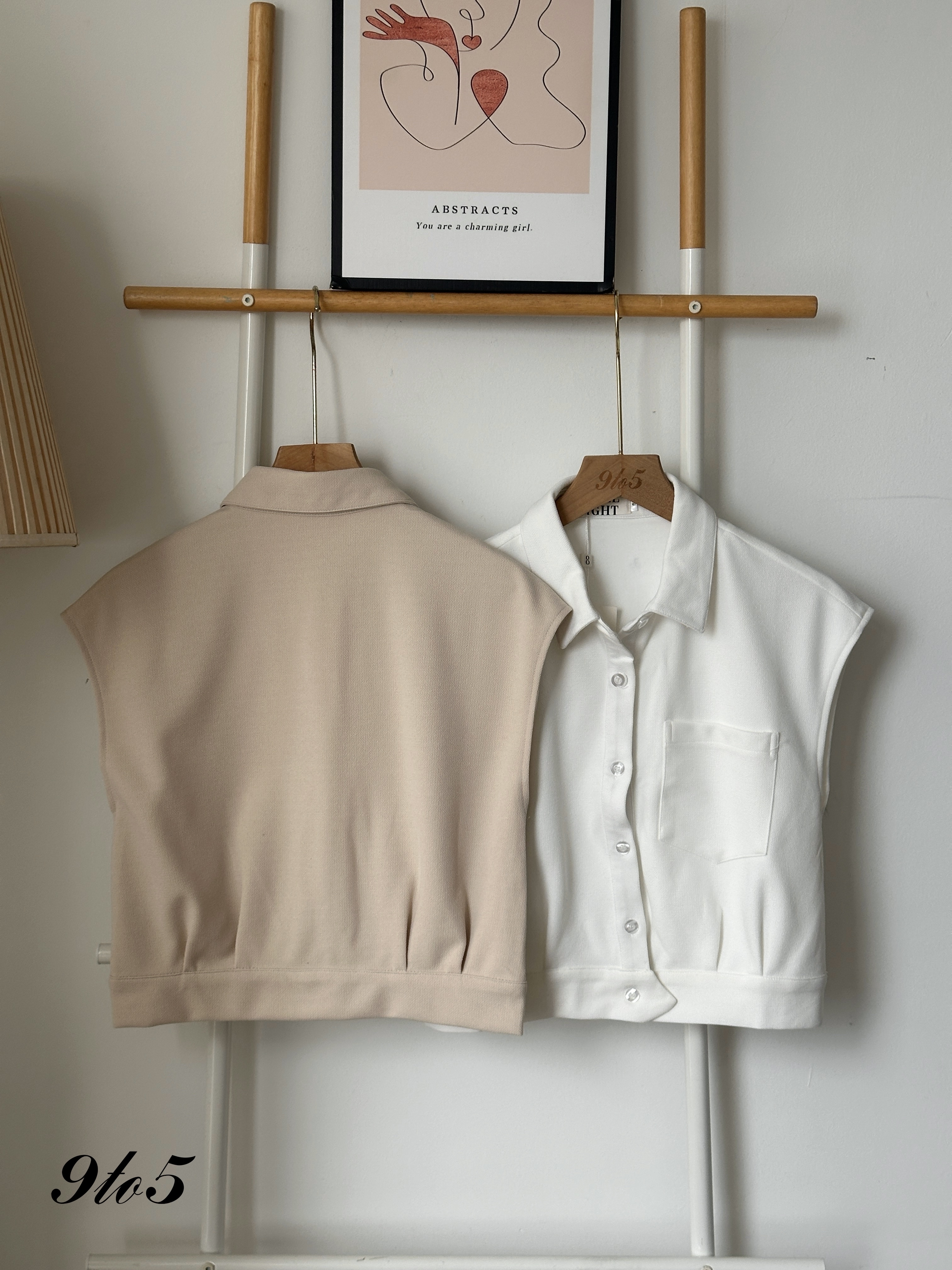 T4075 Cape Sleeve Shirt - Beige & White 