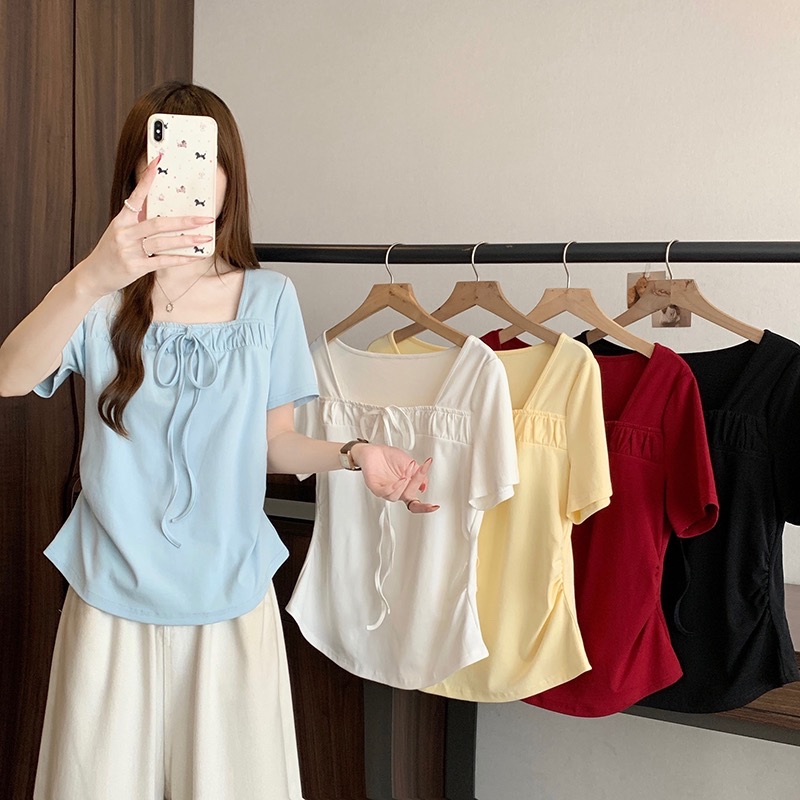 B227(24308) 韩系甜美风方领边褶皱蝴蝶结系带5色上衣