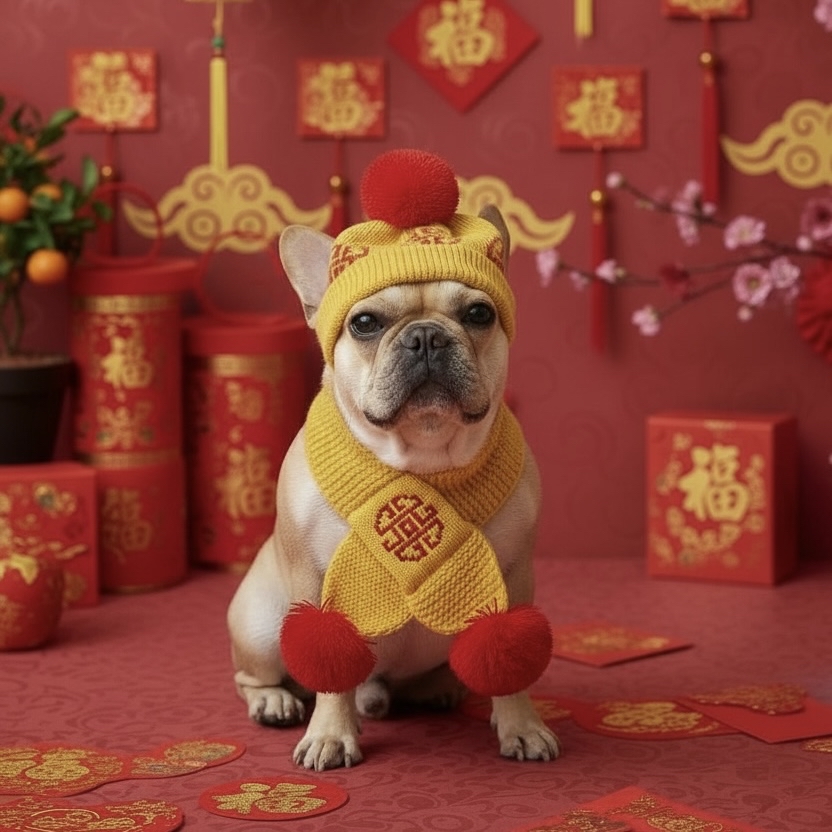 C910Y 賀年冷帽 - 黃色配紅毛球 New Year cold hat - yellow with yellow fur ball