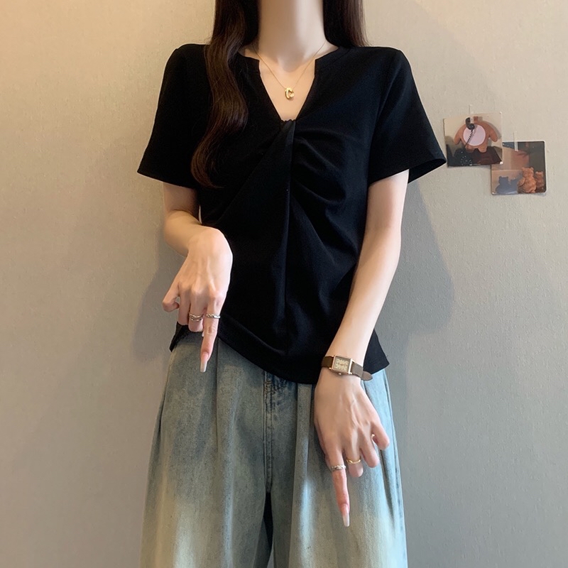 B335(16289) 韩版甜辣风领扭结褶皱显瘦黑上衣