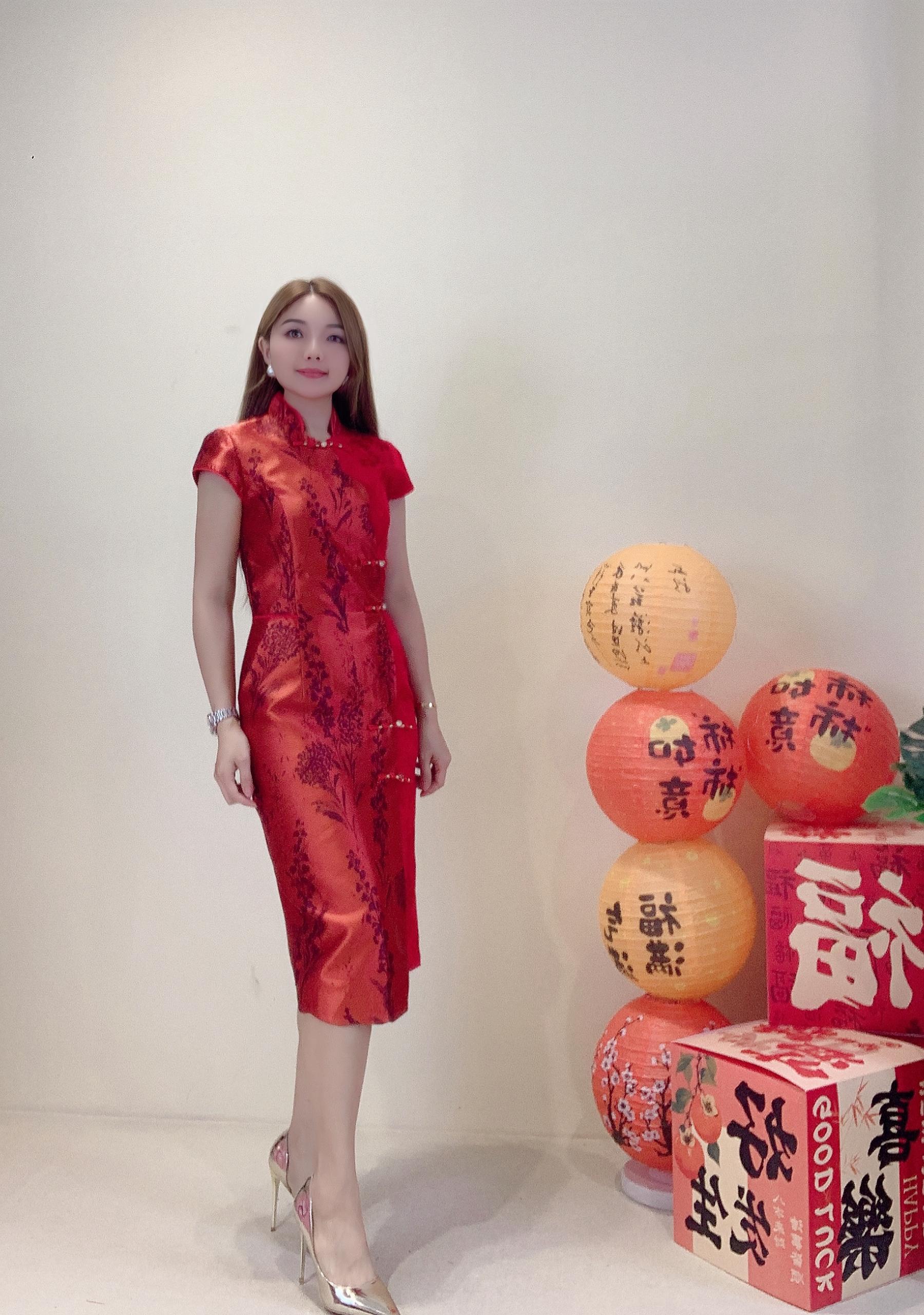 双色旗袍连身裙 红色2126