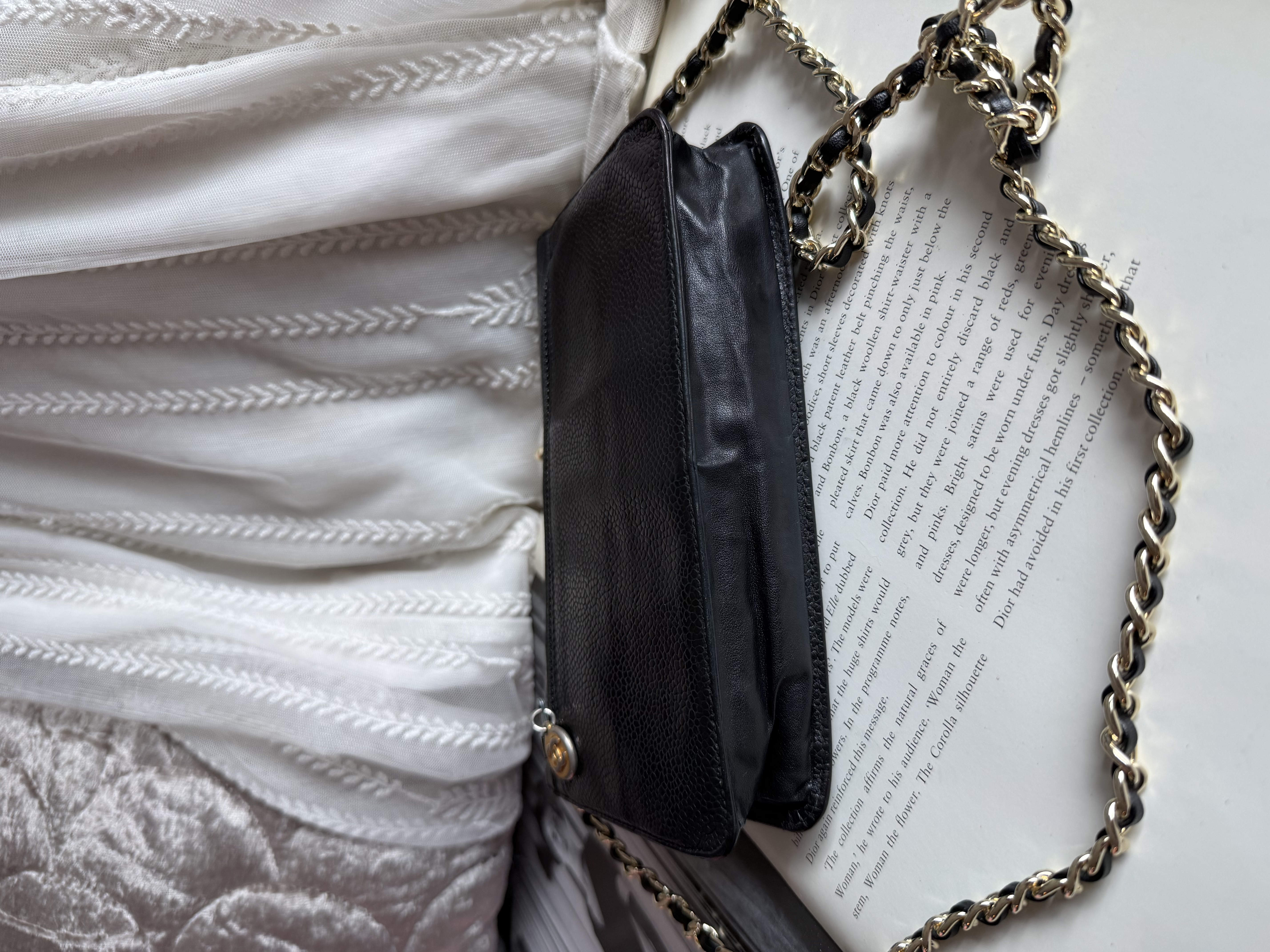 Vintage chanel black caviar leather long wallet