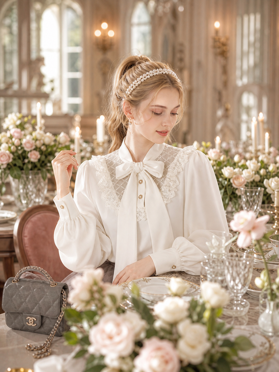 凡爾賽玫瑰的加冕珍珠蕾絲蝴蝶結宮廷襯衫 The Coronation of Versailles Rose: Pearl & Lace Bow Palace Blouse
