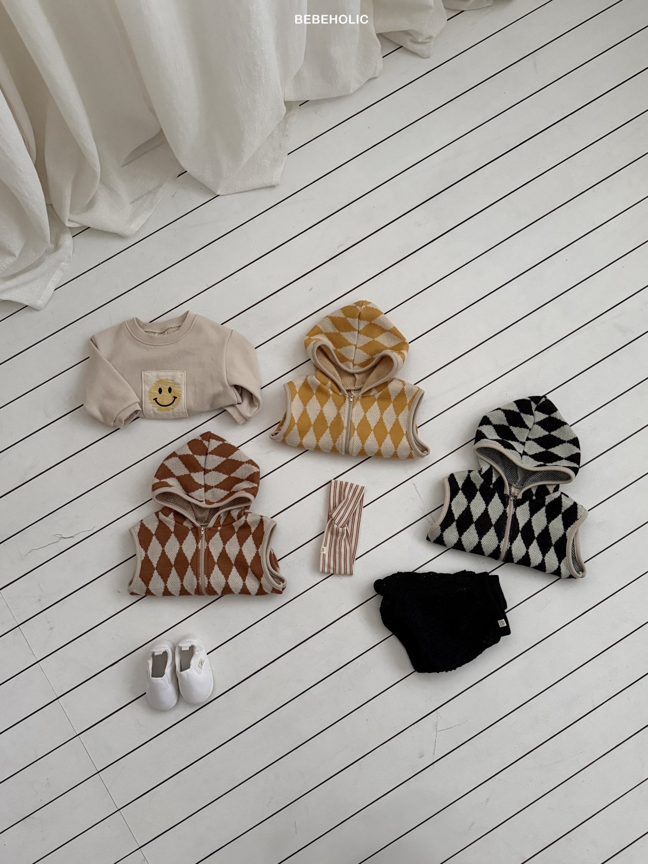 🌸預訂 韓國直送🌸🇰🇷BEBEHOLIC三色菱格連帽背心拉鍊外套