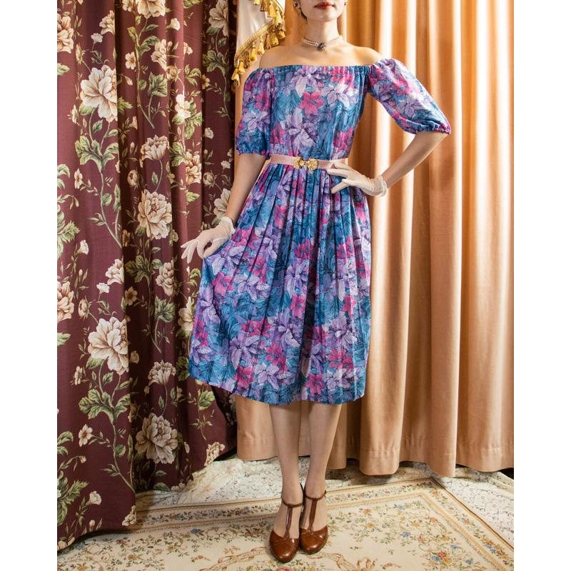 Remade - Made in USA Tropical Violet and Blue Floral Off-shoulder Day Dress (MU104-13)