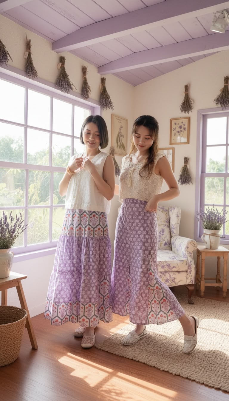 SDD002 Purple Block Print Patch Work 3-Layer Skirt 37"