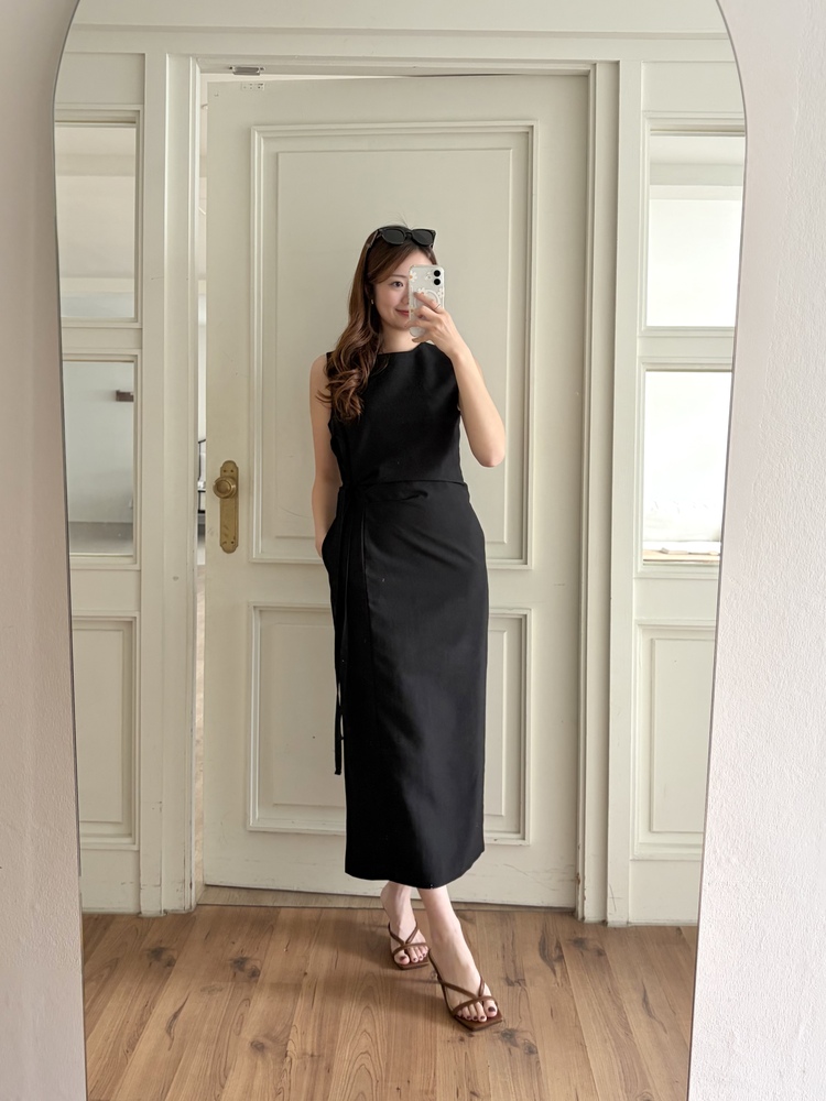 Gathered Waist Tie Dress (Black)