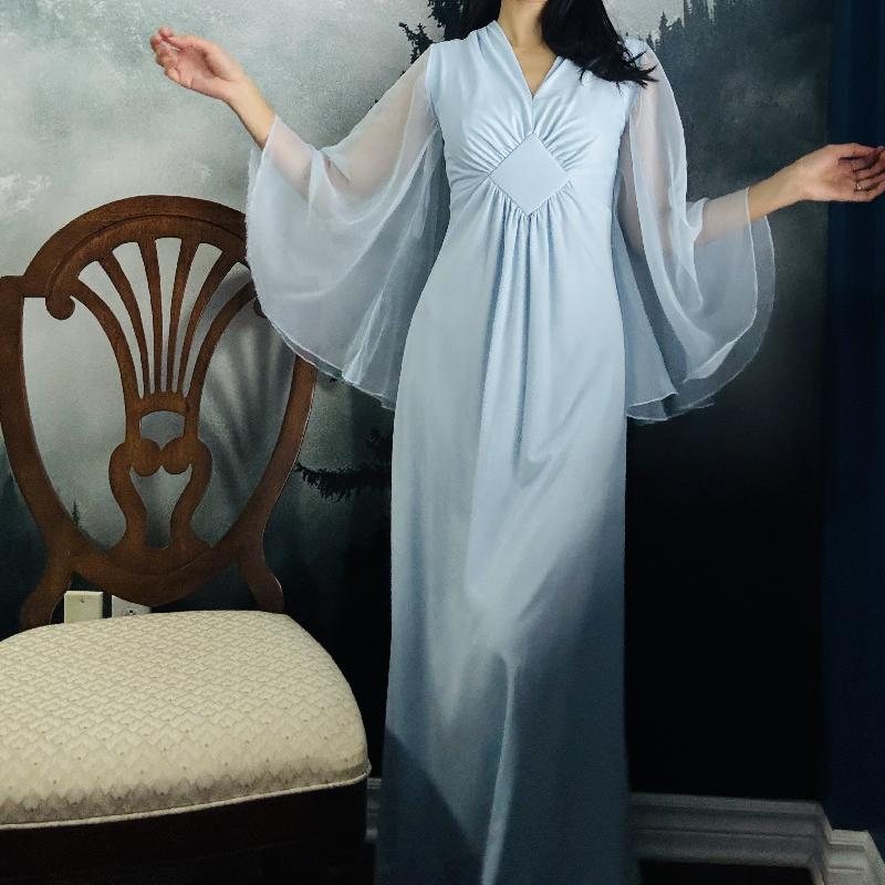 Rare! 1970s Powder Blue Chiffon "Angel Sleeves" Maxi Dress (MT2525）
