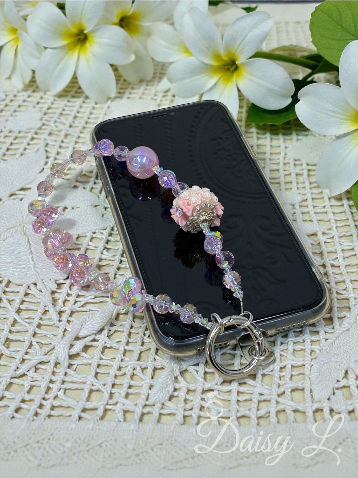 粉色花花水晶手機掛繩