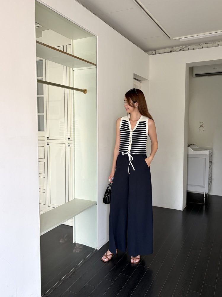 [超涼!!] Contrast Belt Wide Leg Slacks (Navy)