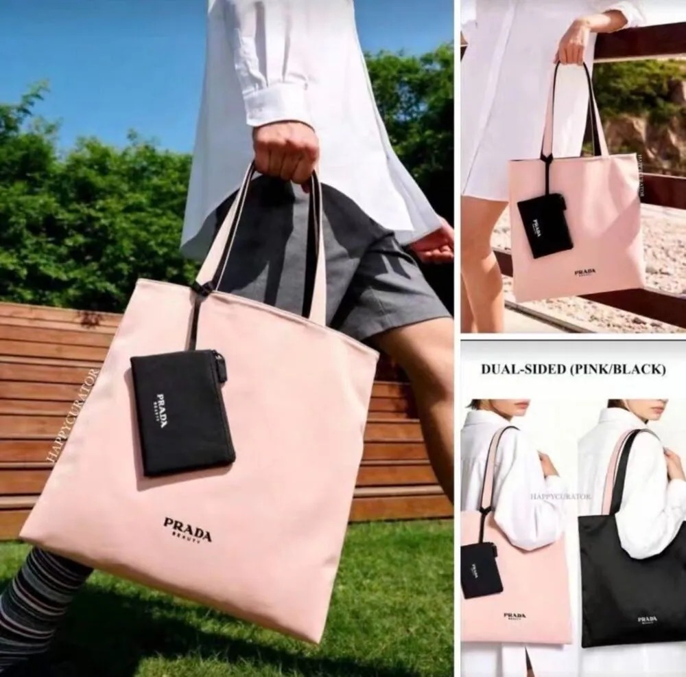 0316 ⭐️Prada Beauty 稀有贈品粉黑色雙面帆布購物袋連小收納袋🌟4月尾