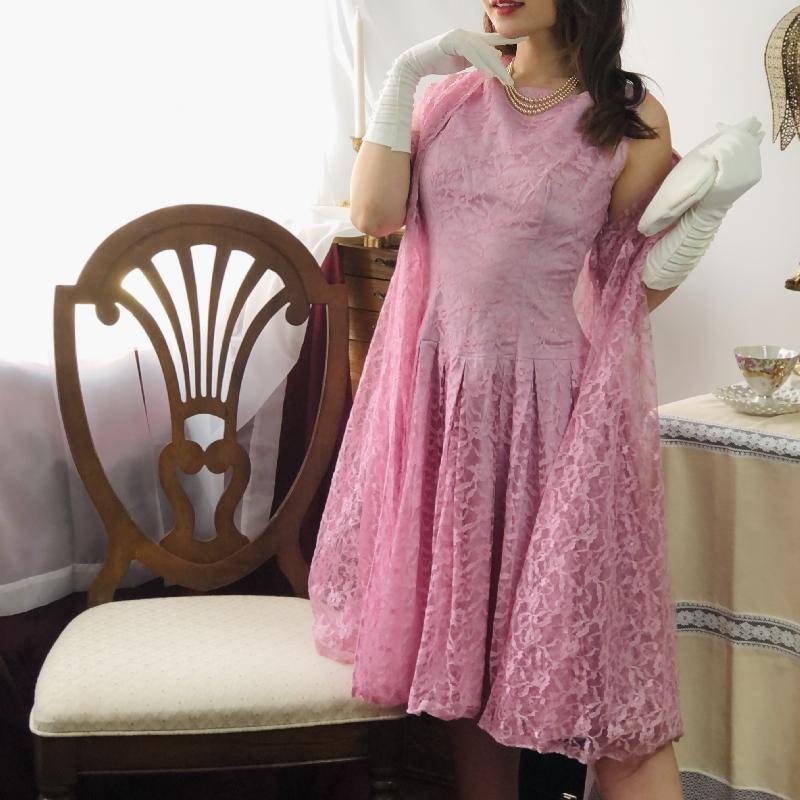 RARE! 1950s Soft Pink Lace Twin Set from Canada- Fit & Flare Dress with Outer(MT891)