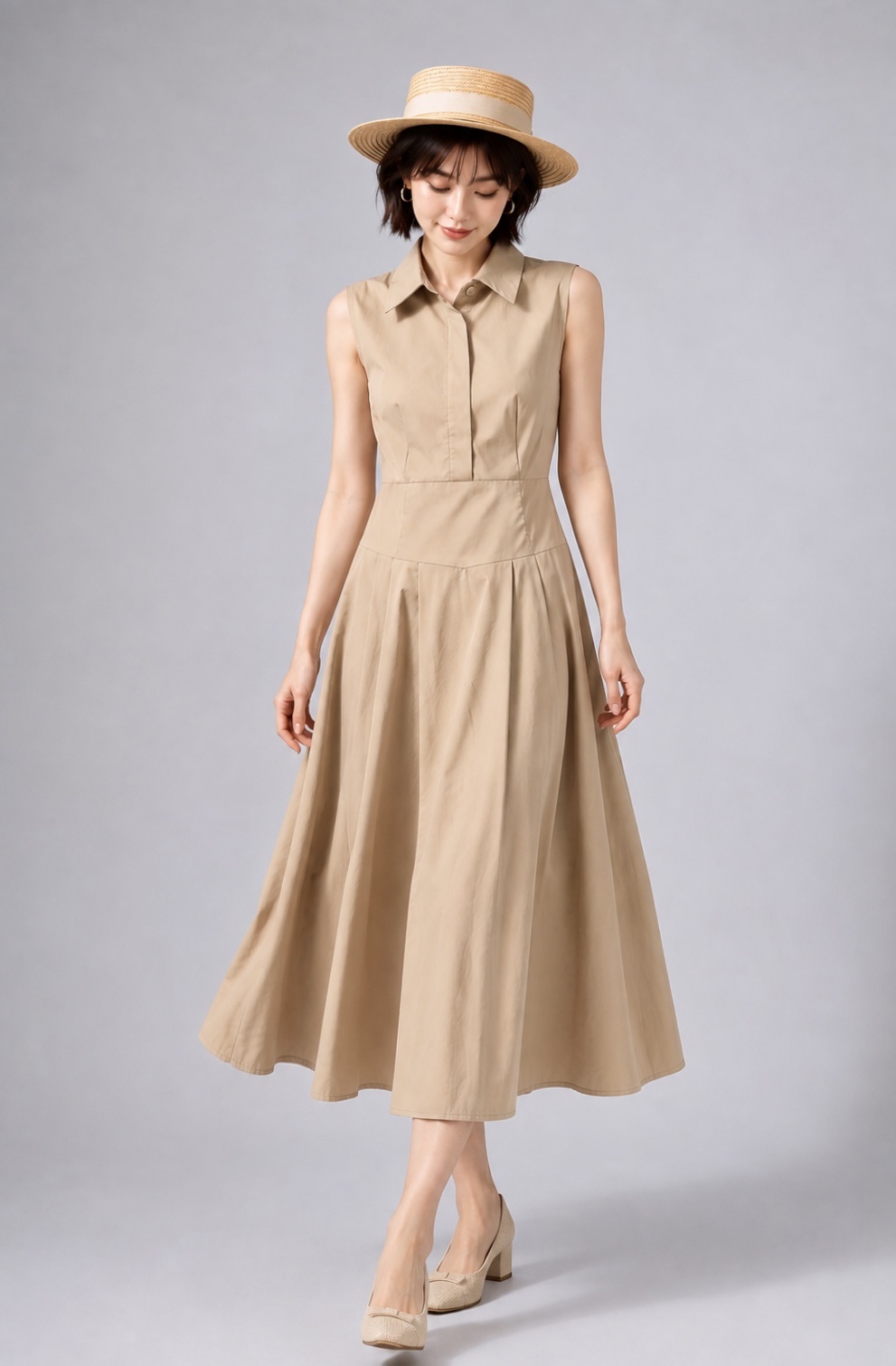1501BD Sleeveless Collared Fit & Flare Midi Dress