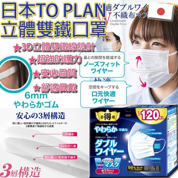 【預訂】日本 TO-PLAN 立體雙鐵口罩 (1盒120入)