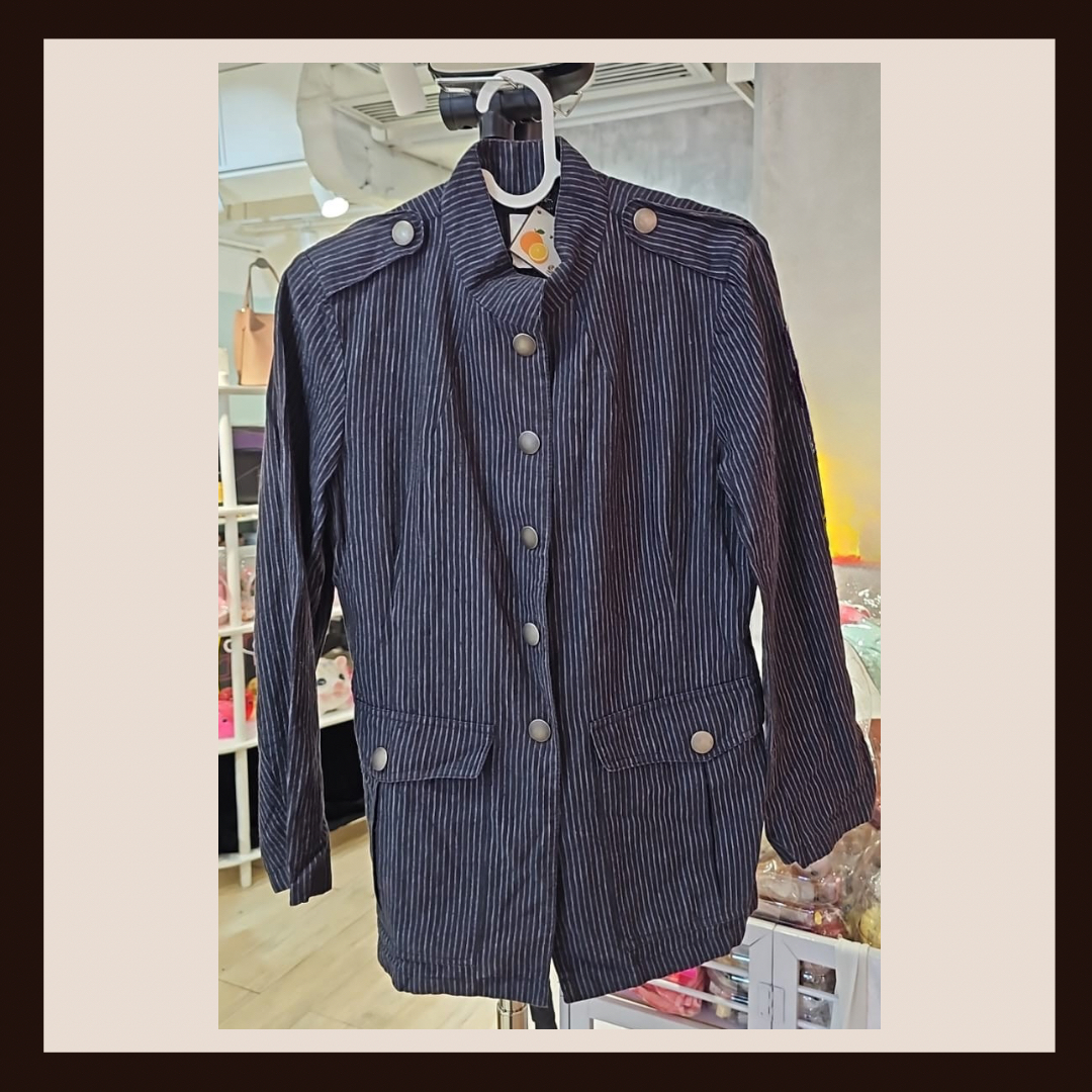 agnes b. 經典亞麻條紋軍風外套