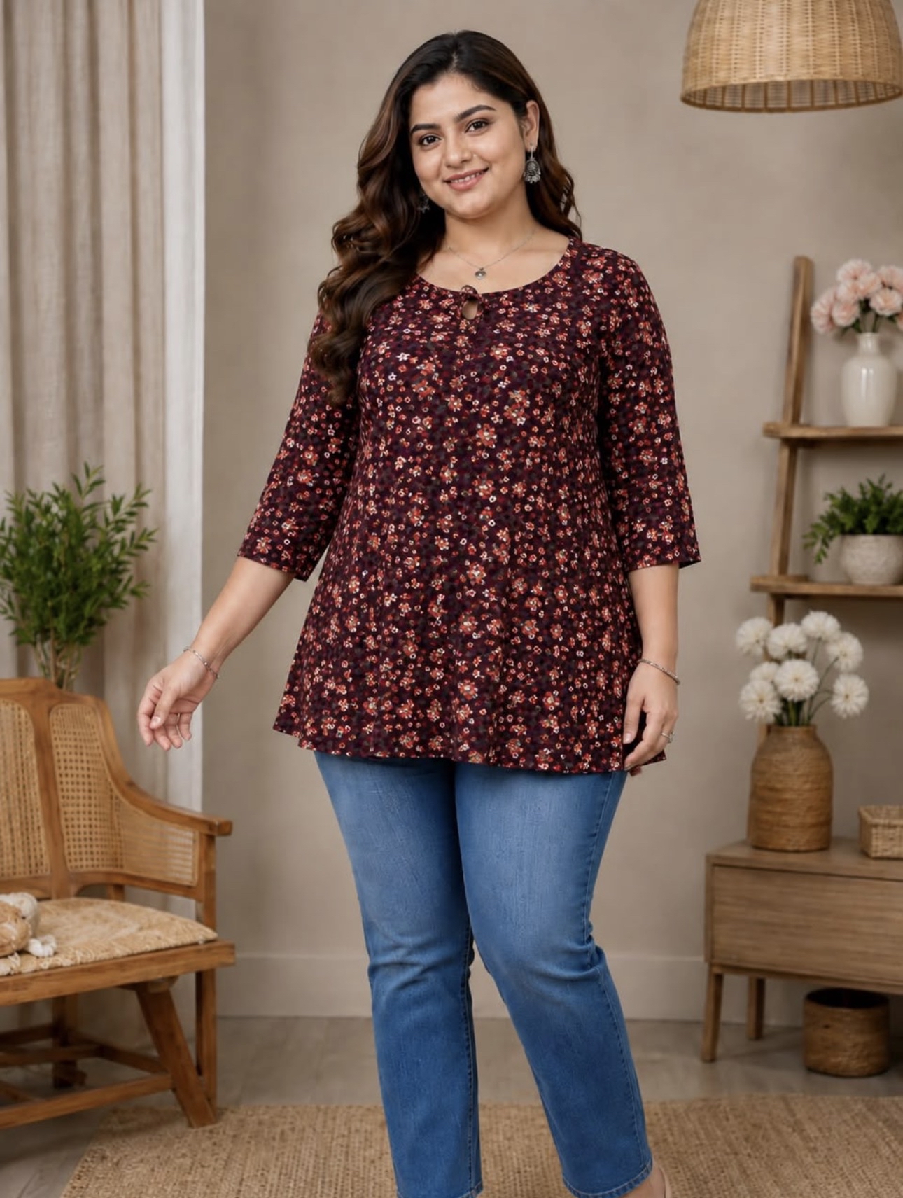 (Plus) Short Deep Maroon Floral Kurti 