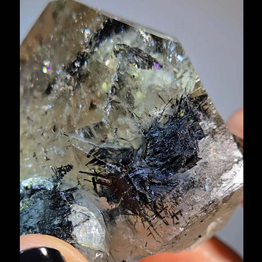 Black tourmaline inclusion smoky quartz with rainbows - RT1457