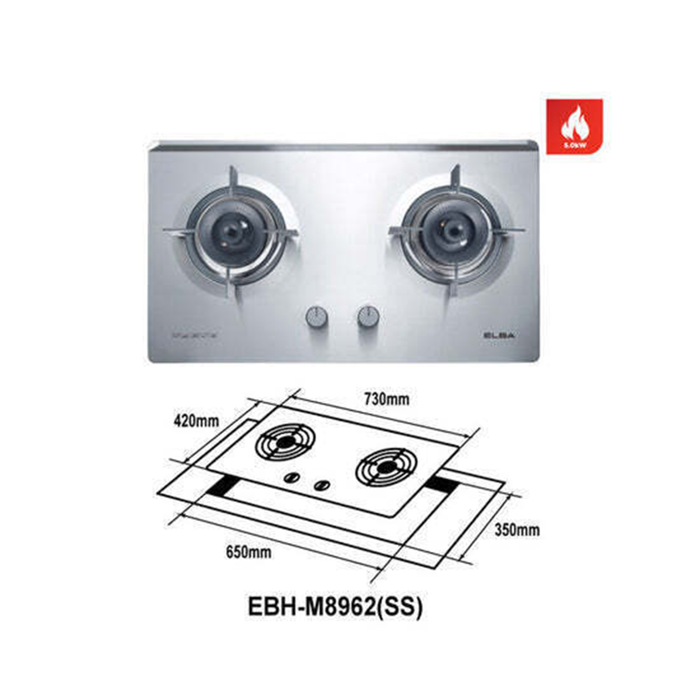 Elba 5.0Kw Double Burners Built-In Stainless Steel Hob EBH-M8962(SS)