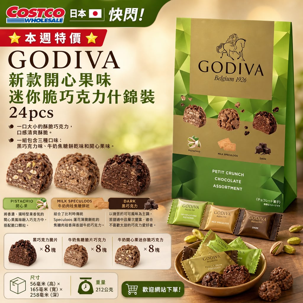 日本🇯🇵Costco│Godiva新款開心果味迷你脆巧克力什錦裝24粒