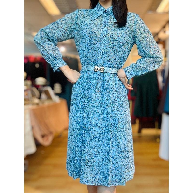 Vintage C.a. 1970s Abstract Pattern Sky Blue Shirtdress with Belt (MT2260-6)