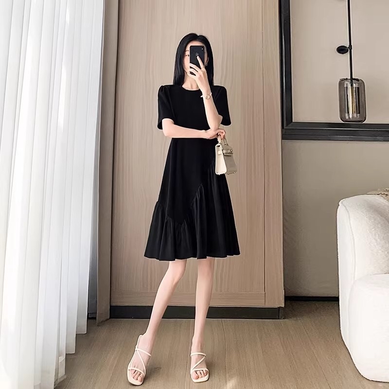 B258(6850) 法式赫本风拼接不规则荷叶下摆黑连身裙 