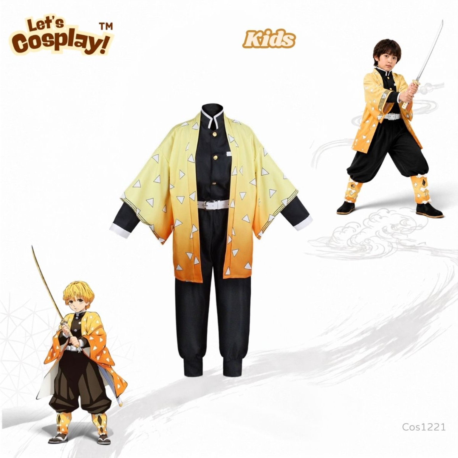 鬼滅之刃我妻善逸主題兒童服裝 黃色三角紋 Kids Zenitsu Costume 角色扮演