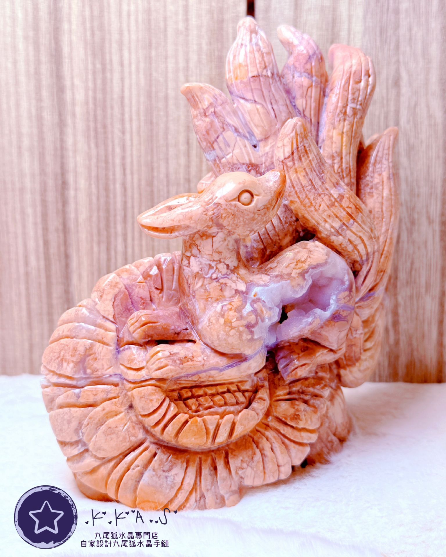 K00033 粉櫻花瑪瑙 九尾狐水晶擺設