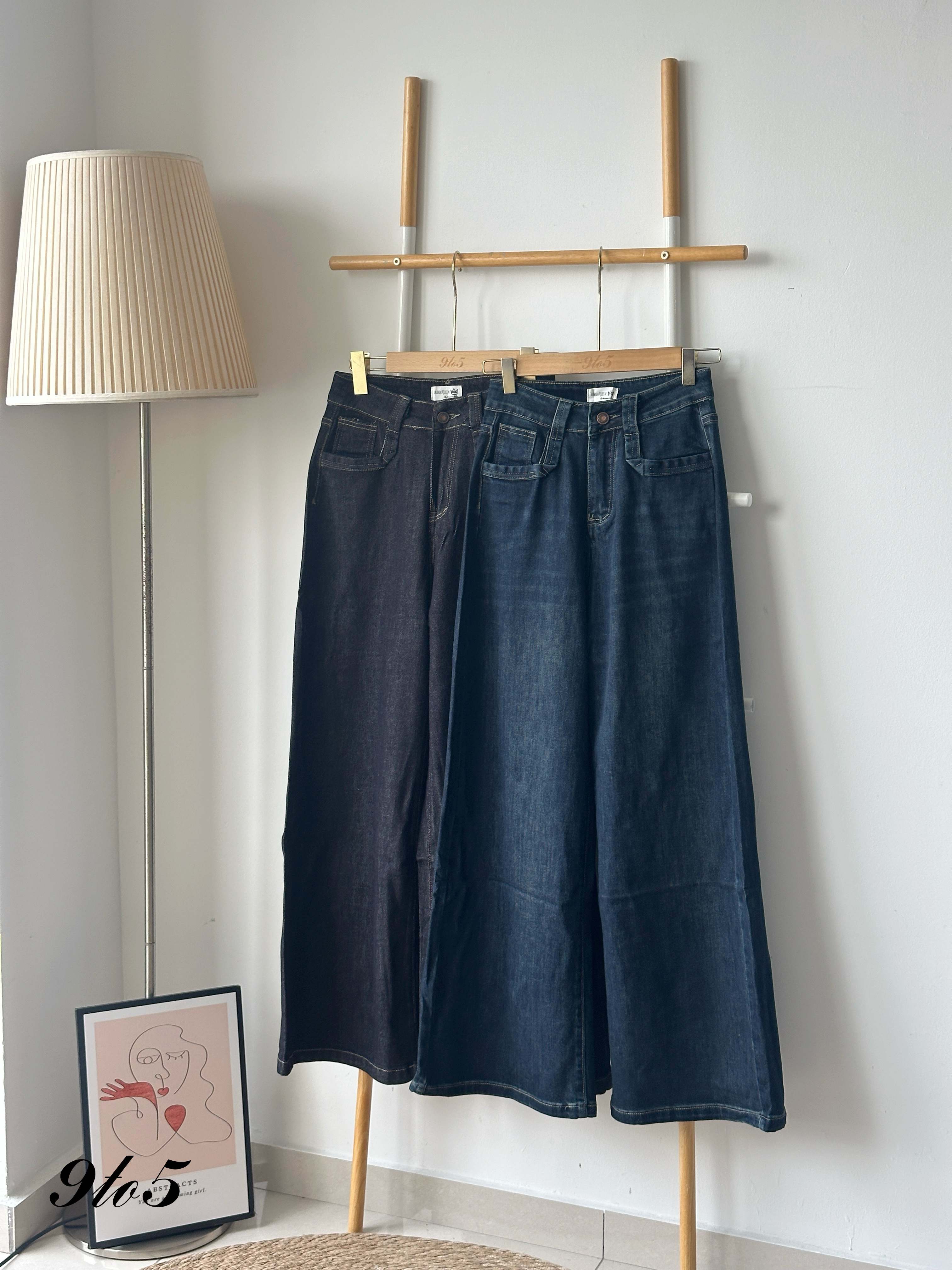 S1844 Wide Leg Long Jeans - Black & Blue