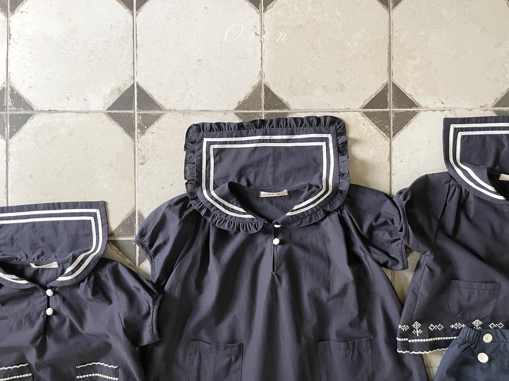 ☀️預訂 韓國直送☀️🇰🇷Oren Marinette兩色海洋風水手領刺繡短袖包屁衣/連身裙/上下套裝