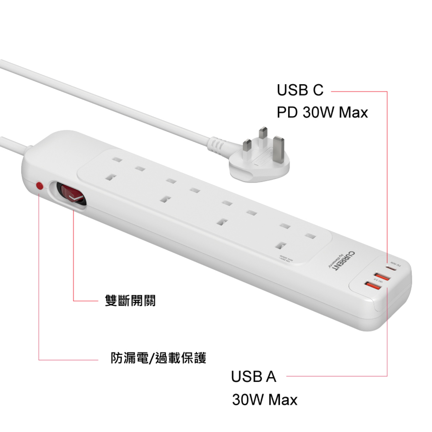 Elementz - Power Strip 4位拖板 2A1C PD-30W Max / 6.5尺 | 排插 | PS-4S30