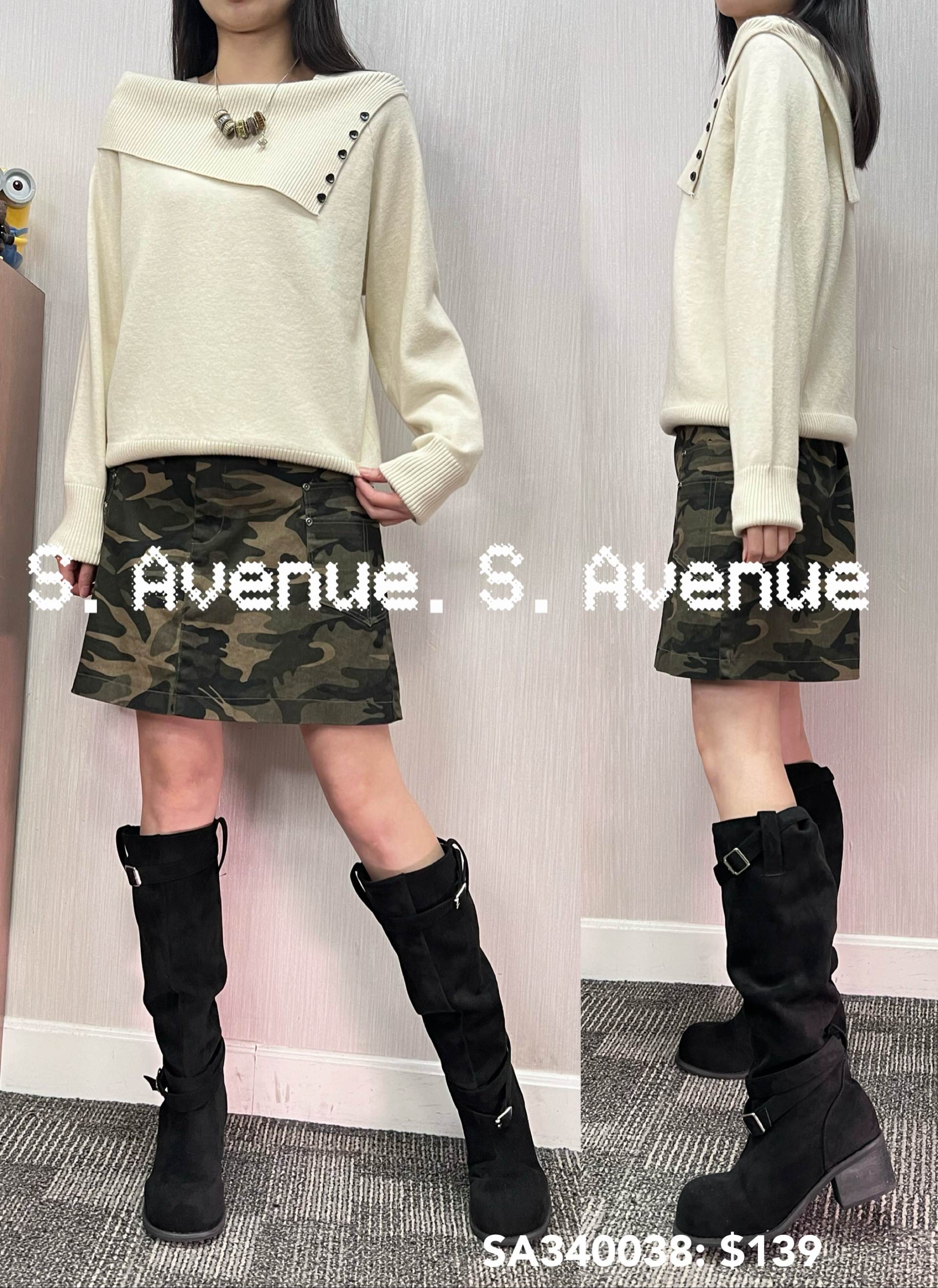 SA340038: 長袖大反領裝飾鈕軟冷top