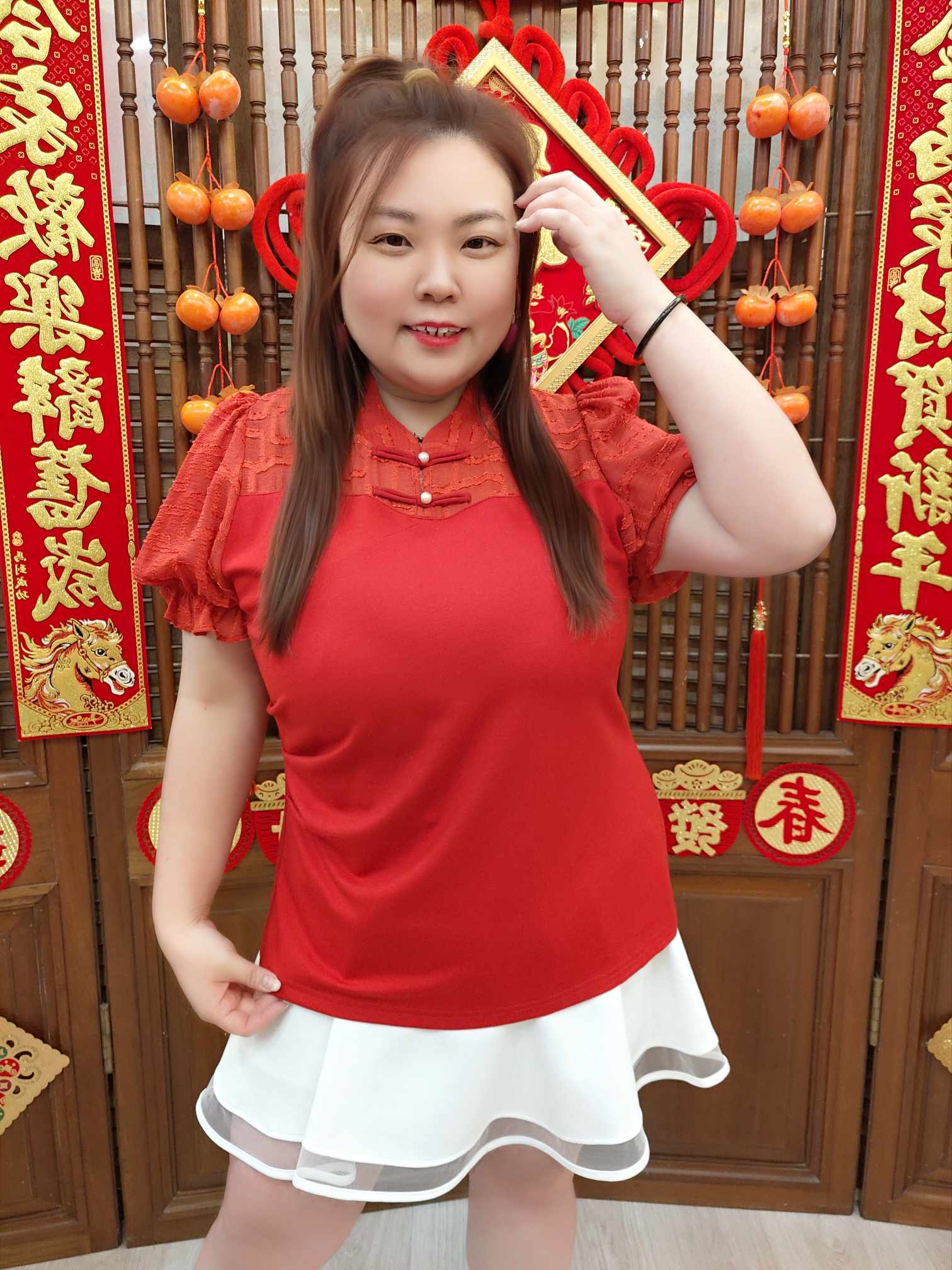 NJB06 BE#281926 珍珠扣网纱袖上衣