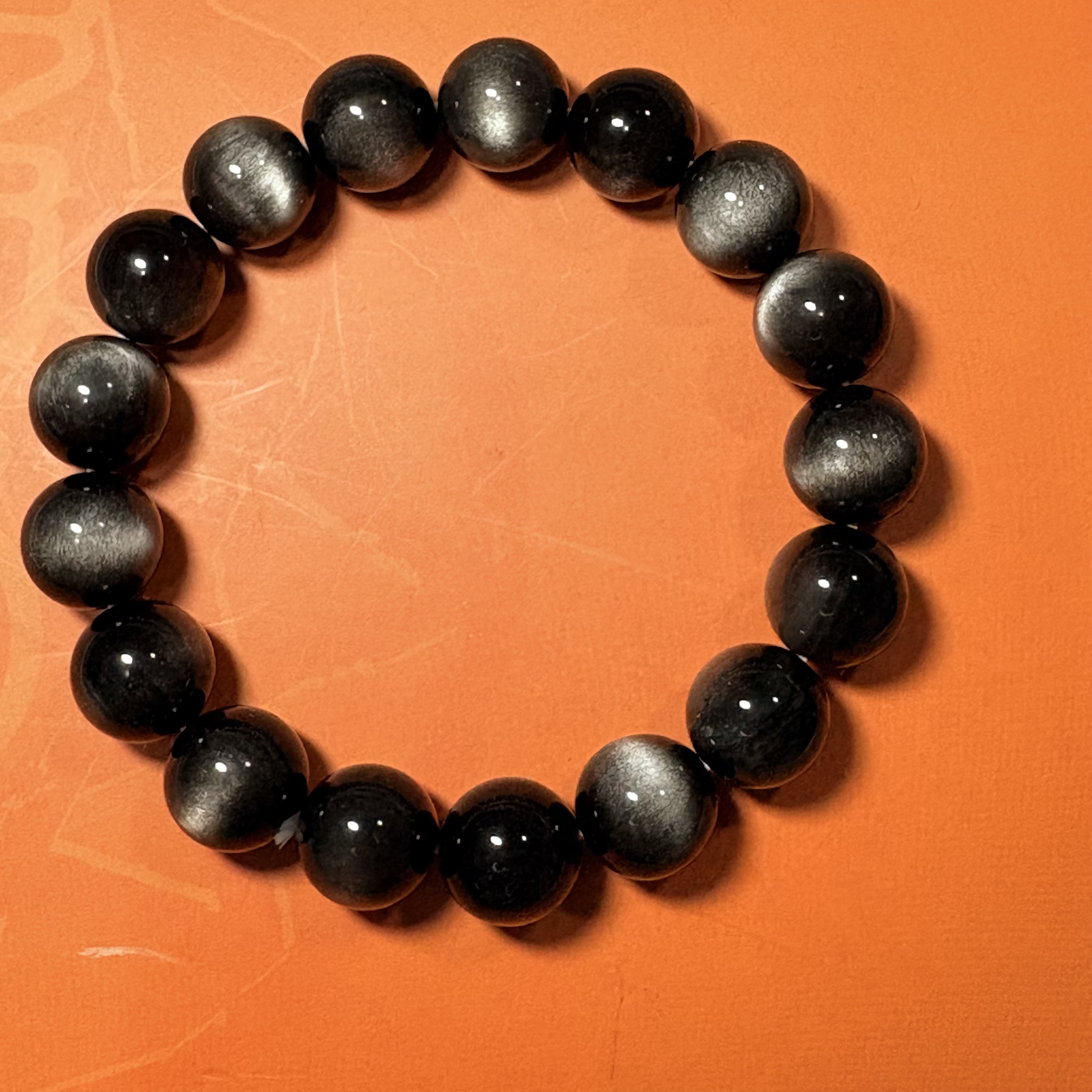 銀黑曜石手串No.4591丨精品貓眼級✨丨12mm珠16.5-17cm手圍