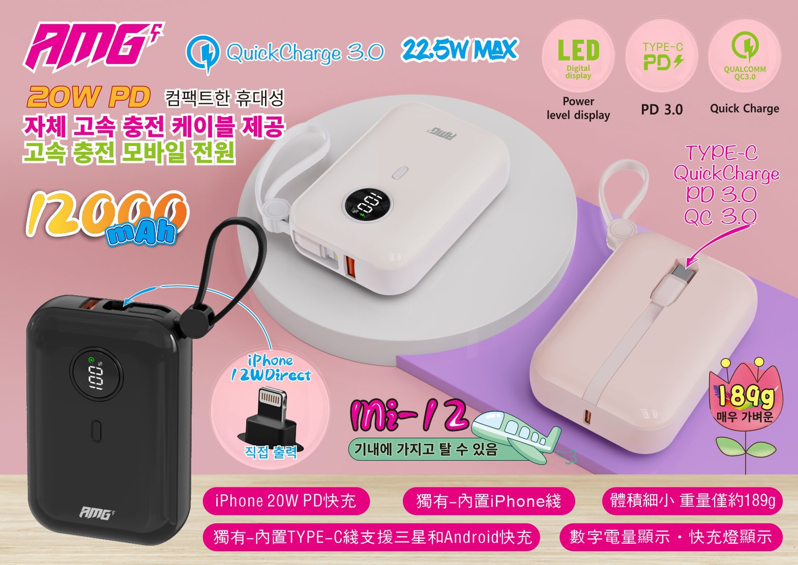 AMG快充行動電源：22.5W大功率，自帶線，多協議兼容