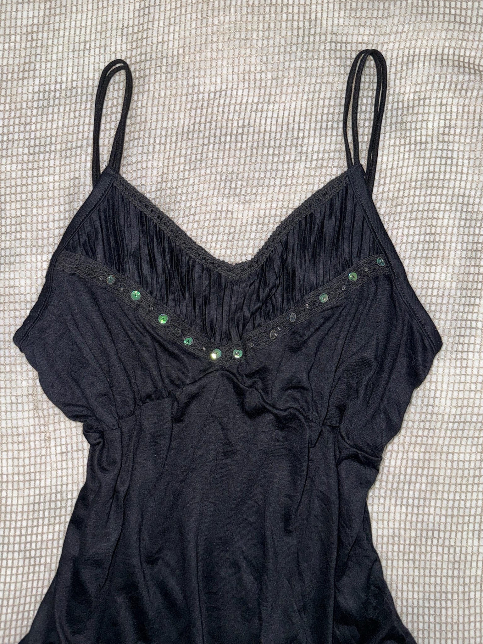 Vintage Y2K Black Camisole with Ruched Bust and Gem Detail