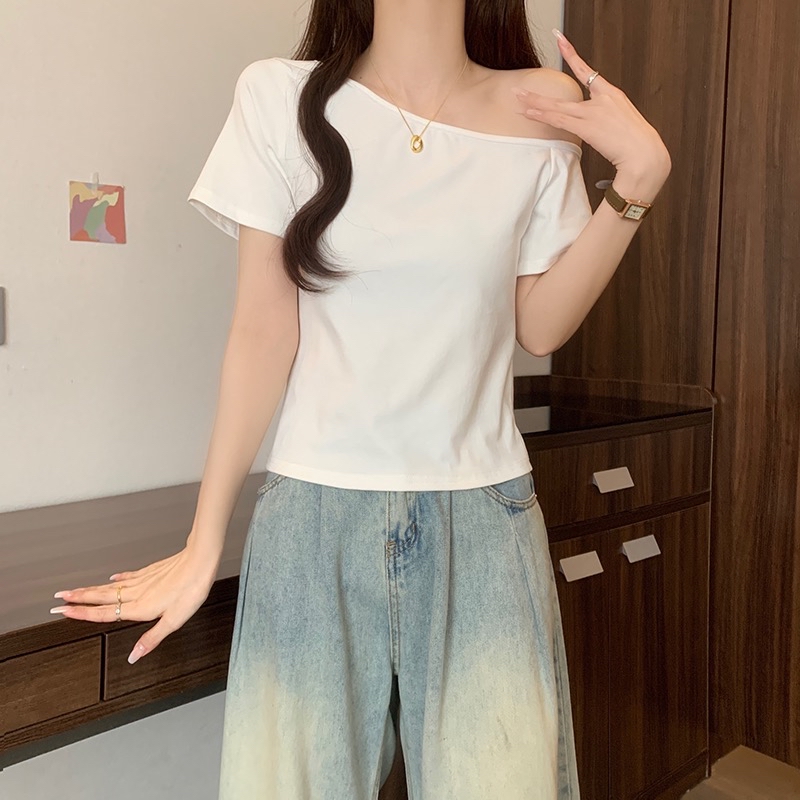 B199(16110) 韩系爆款纯色斜领显瘦百搭3色上衣 