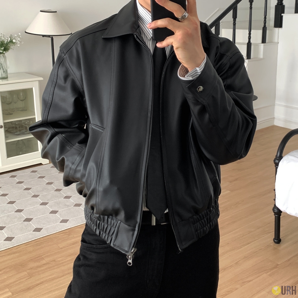 【100%保證韓國直送】質感古著裂紋設計寬鬆皮革外套 Vintage Crack Leather Zip-up Jacket [2 color] RL114777