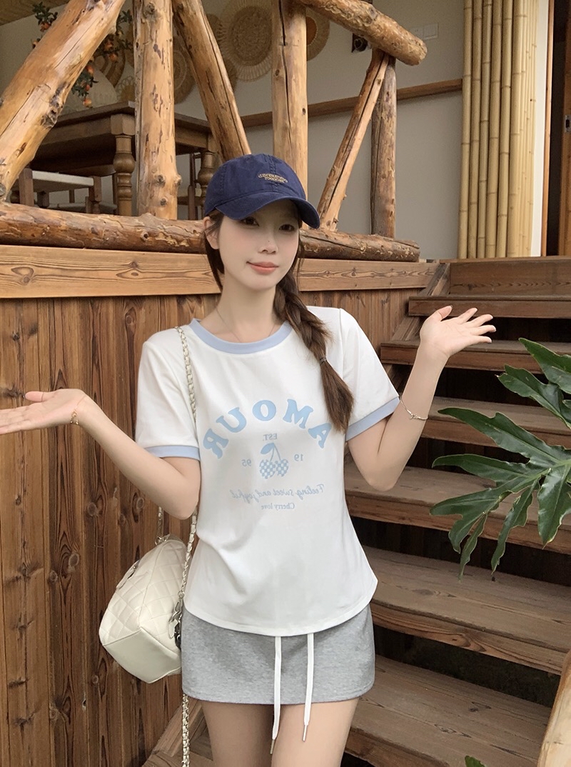 B122(36838) 韩系减龄撞色领边与AMOUR樱桃印花卷边袖4色上衣 